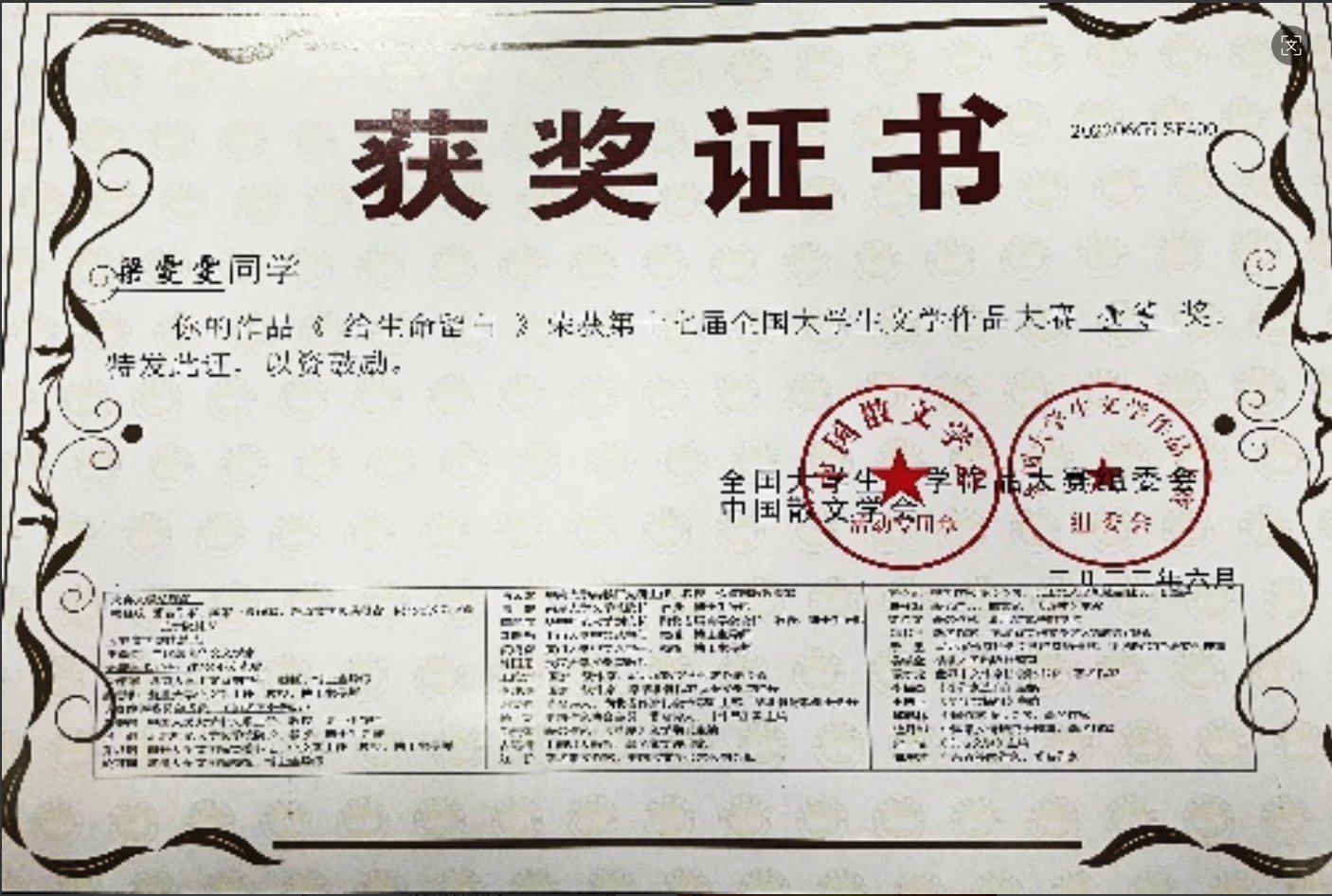 全国散文作品一等奖获奖证书