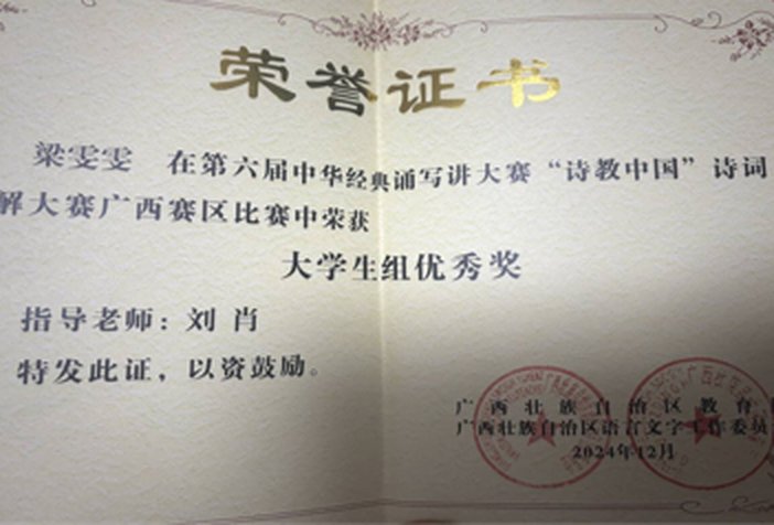 全国诗词讲解优秀奖荣誉证书